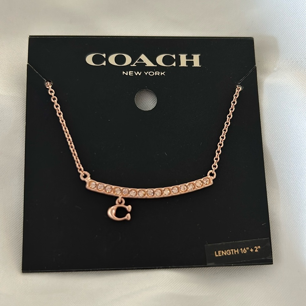 COACH NECKLACE ROSE GOLD SIGNATURE PAVE BAR DESIGN! NWT!
